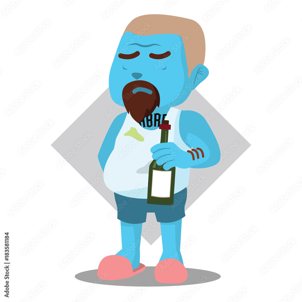 Blue dirty man holding alcohol– stock illustration
