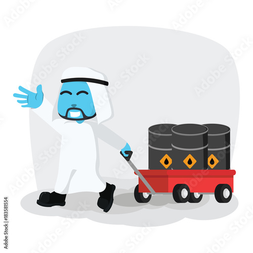 Blue arabian businessman pulling cart with oil barrels– stock illustration
 photo