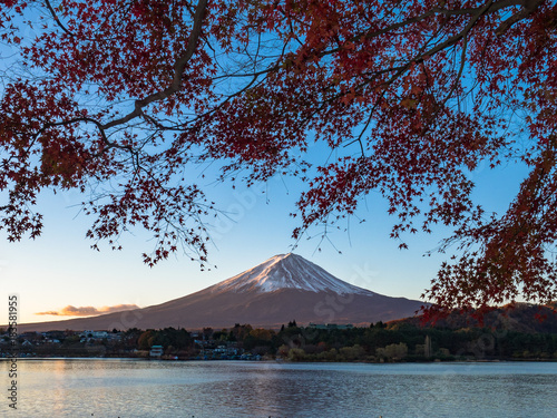 Fuji mountain with red maple and golden sunshine in the morning time of autumn. © sakda