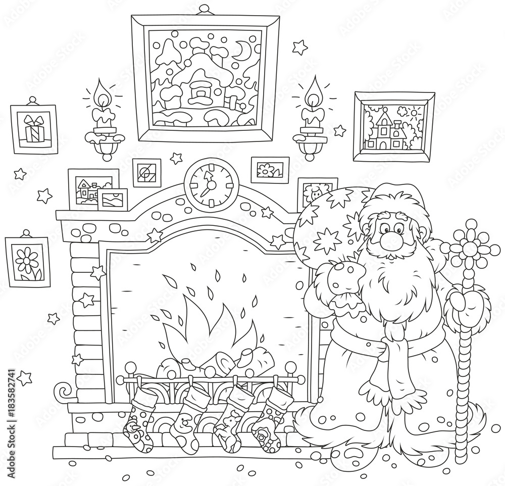 Santa Claus with his gift bag near a fireplace with stockings for Christmas presents

