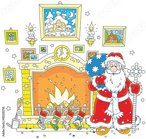 Santa Claus with his gift bag near a fireplace with stockings for Christmas presents