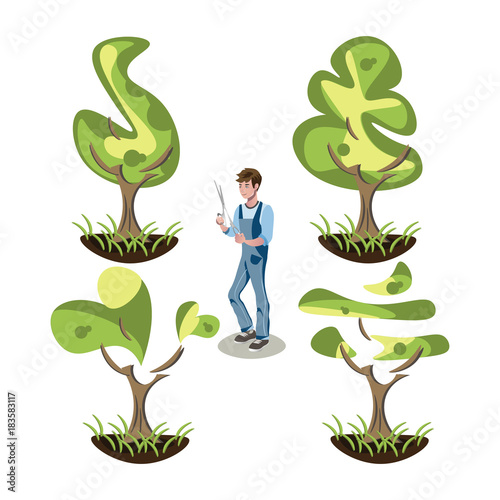Set of topiary bushes of different shapes.