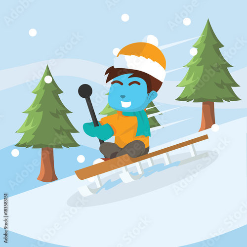 Blue boy sliding with sled– stock illustration   © funway5400