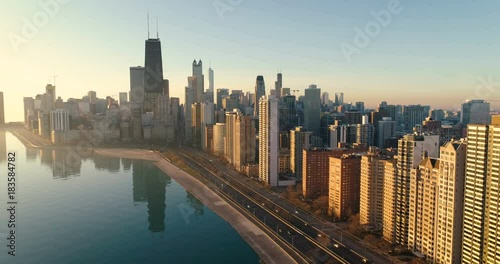 Aerial view of Chicago Downtown skyline at sunrise photo