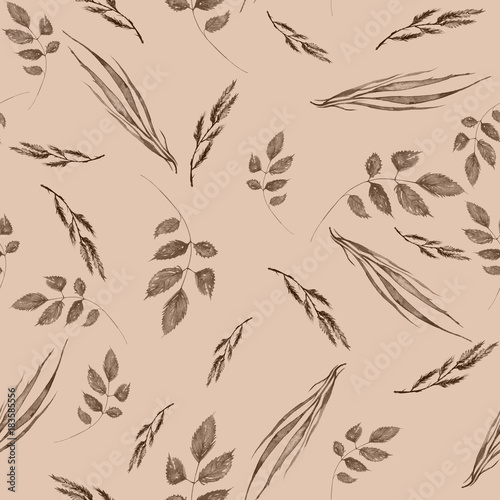  Watercolor seamless pattern, background with a floral pattern. Illustration - Branch, wild grass, plant, leaf. Vintage pattern on a beige, brown background. 