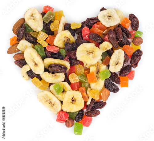 Dried fruits in heart form isolated