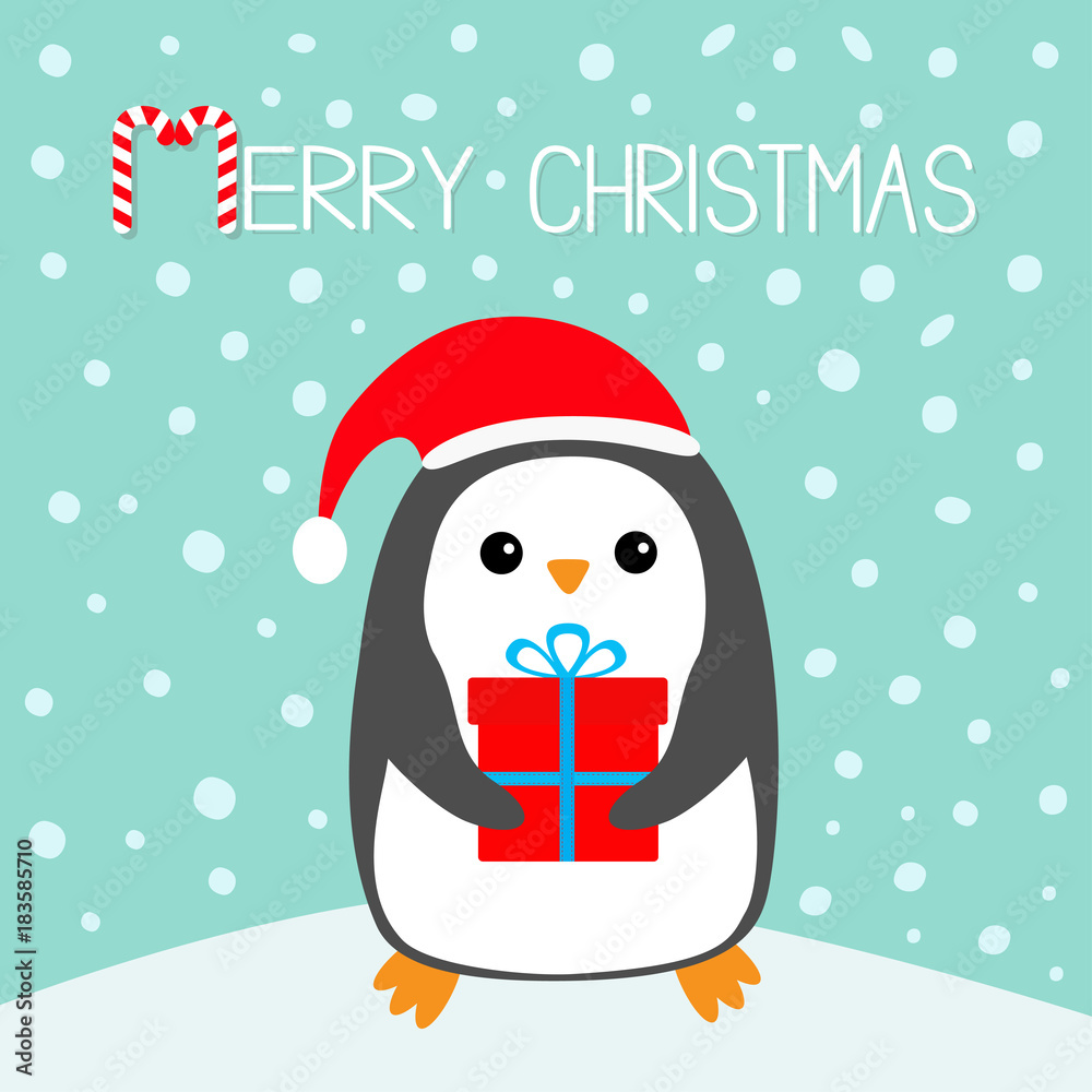 Merry Christmas Candy cane. Penguin on snowdrift. Santa Claus red hat. Gift box. Cute cartoon kawaii funny animal character. Flat design. Winter blue snow background. Greeting card. Merry Christmas Candy cane. Penguin on snowdrift. Santa Claus red hat. Gift box. Cute cartoon kawaii funny animal character. Flat design. Winter blue snow background. Greeting card.