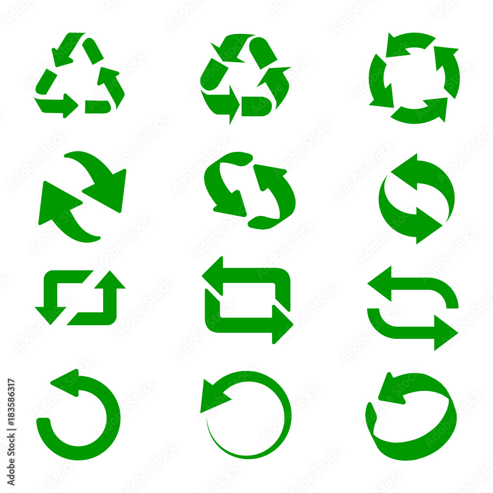 Set of green recycle signs. Circle arrow icon. Vector illustration
