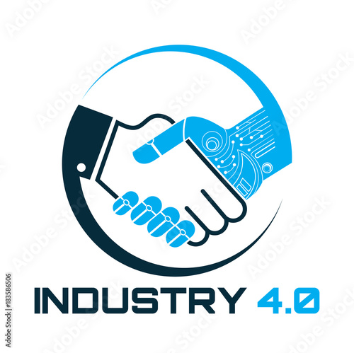 Industrial 4.0 Cyber Physical Systems concept,Robot and human holding hand with handshake,Human and technology logo, Partnership with a robot