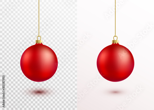 Red christmas ball hanging on gold string isolated on white background