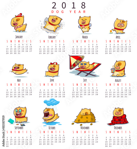 Fototapeta Naklejka Na Ścianę i Meble -  Calendar for 2018 with cute and funny puppies. Symbol of the Chinese New Year. Vector set of cartoon dog character.