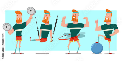 Mаn with beard doing fitness exercises with dumbbells, fit ball, hula hoop and trx training. Cute guy cartoon vector character set isolated on background. Healthy lifestyle and sport illustration.