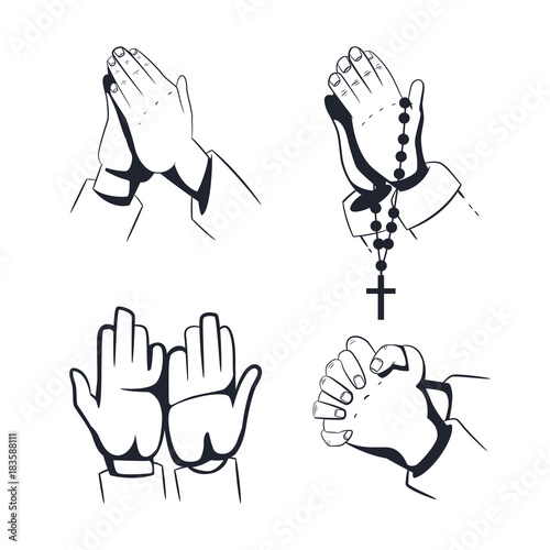 Praying hands with holy rosary beads vector icon set isolated on a white background.