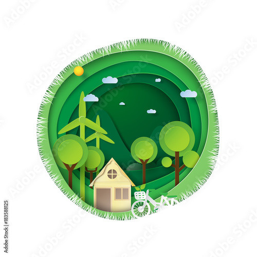 Green eco friendly living creative idea concept.Paper carving nature landscape and environment conservation paper art style.Vector illustration.