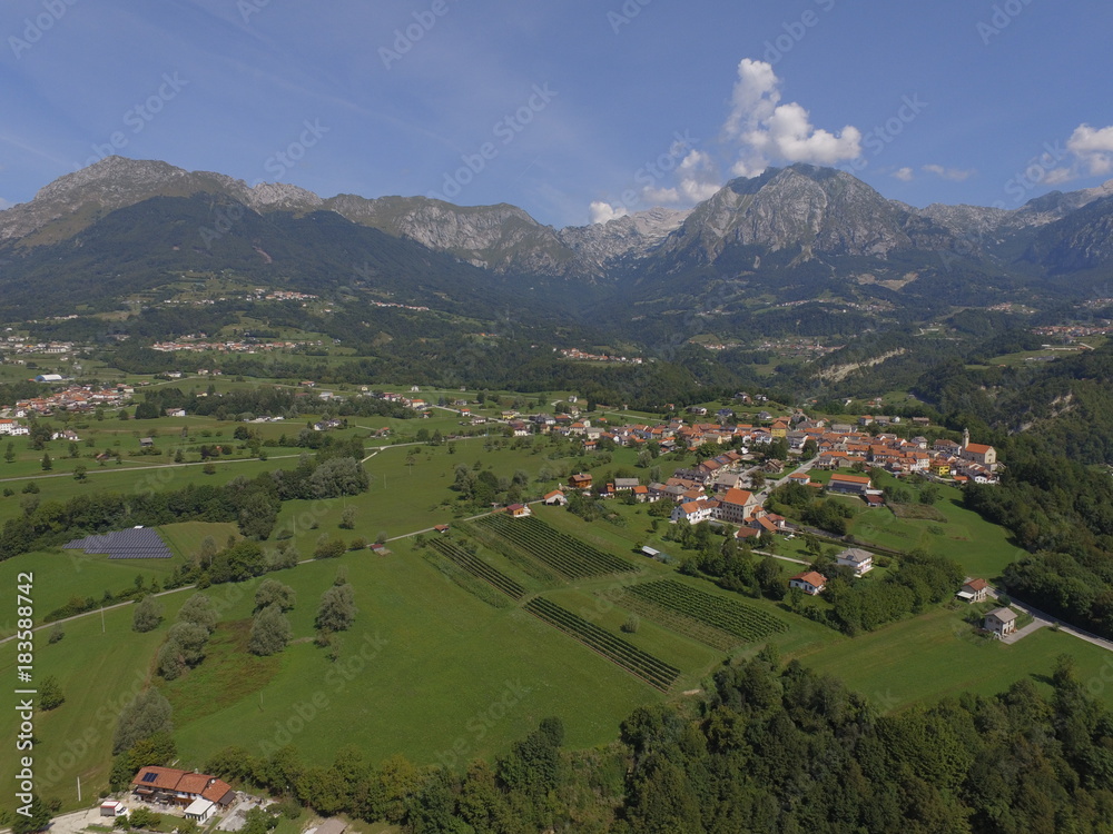 aerial view of village in the mountains, summer, sunny,