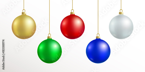 Christmas decoration. Red, blue, silver, gold, green color xmas ball hanging
