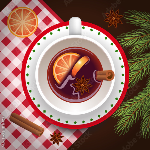 Mulled wine in a cup - top view of a cute cup with red mulled wine, orange slices, cinnamon, anise with Christmas tree branches and checkered napkin. Vector illustration design template