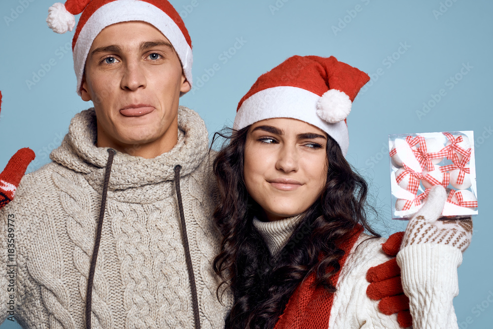 portrait, couple, christmas decoration box, new year portrait, couple, christmas decoration box, new year