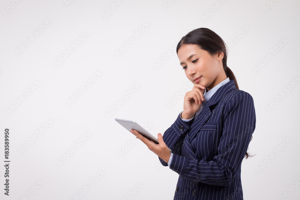 thinking, planning business woman with computer tablet thinking, planning business woman with computer tablet