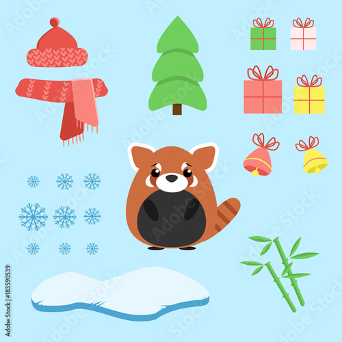 Fototapeta Naklejka Na Ścianę i Meble -  Vector set of red panda with xmas staff: lollipop, gifts, tree, iceberg, hat and scarf, bamboo and bells. Cartoon illustration