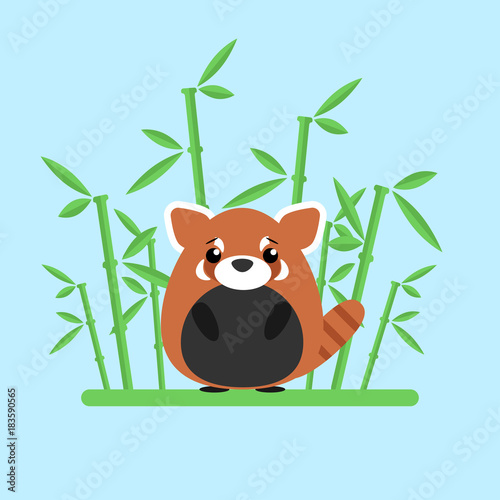 Fototapeta Naklejka Na Ścianę i Meble -  Cute baby red panda standing between the bamboo on blue background