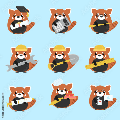 Fototapeta Naklejka Na Ścianę i Meble -  Vector set of red pandas various professions: Scientist, accountant, teacher, engineer, worker, builder, doctor, baker, programmer. Cute cartoon illustration