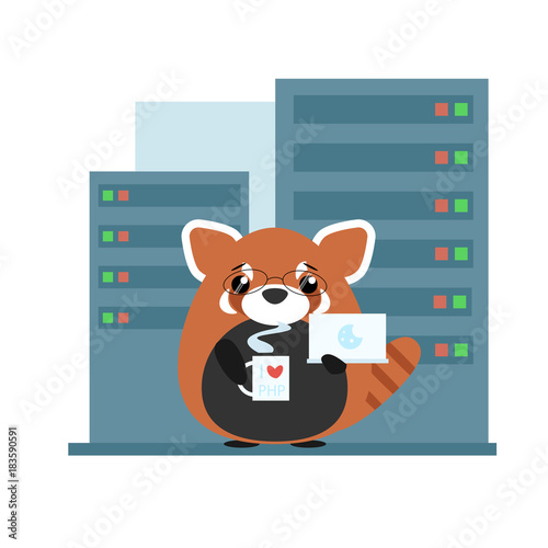 Fototapeta Naklejka Na Ścianę i Meble -  Anthropomorphic red panda - programmer standing with computer and coffee in server room. Cute vector illustration