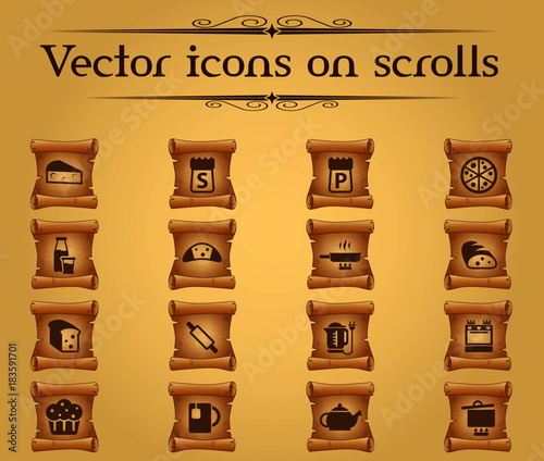 kitchen vector icons on scrolls for your creative ideas