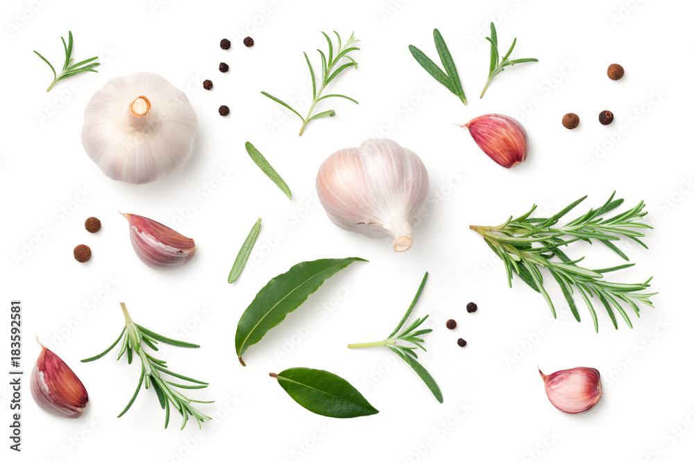 Garlic, Rosemary, Bay Leaves, Allspice and Pepper Isolated on White Background - obrazy, fototapety, plakaty 