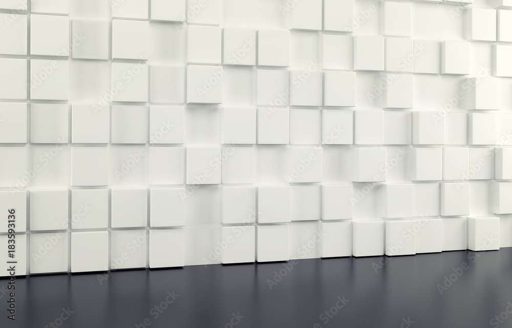 Fototapeta premium Abstrakcjonistyczna tło ściana biali sześciany i czarna podłoga. Renderowania 3d