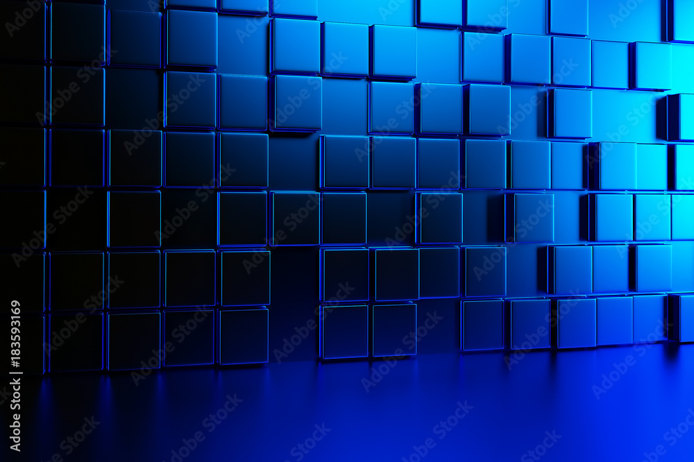 Obraz premium Abstrakcjonistyczna tło ściana błękitni sześciany i błękitna podłoga. Renderowania 3d