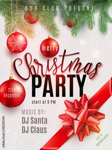 Christmas party poster with hand lettering greeting sign, xmas balls, snow