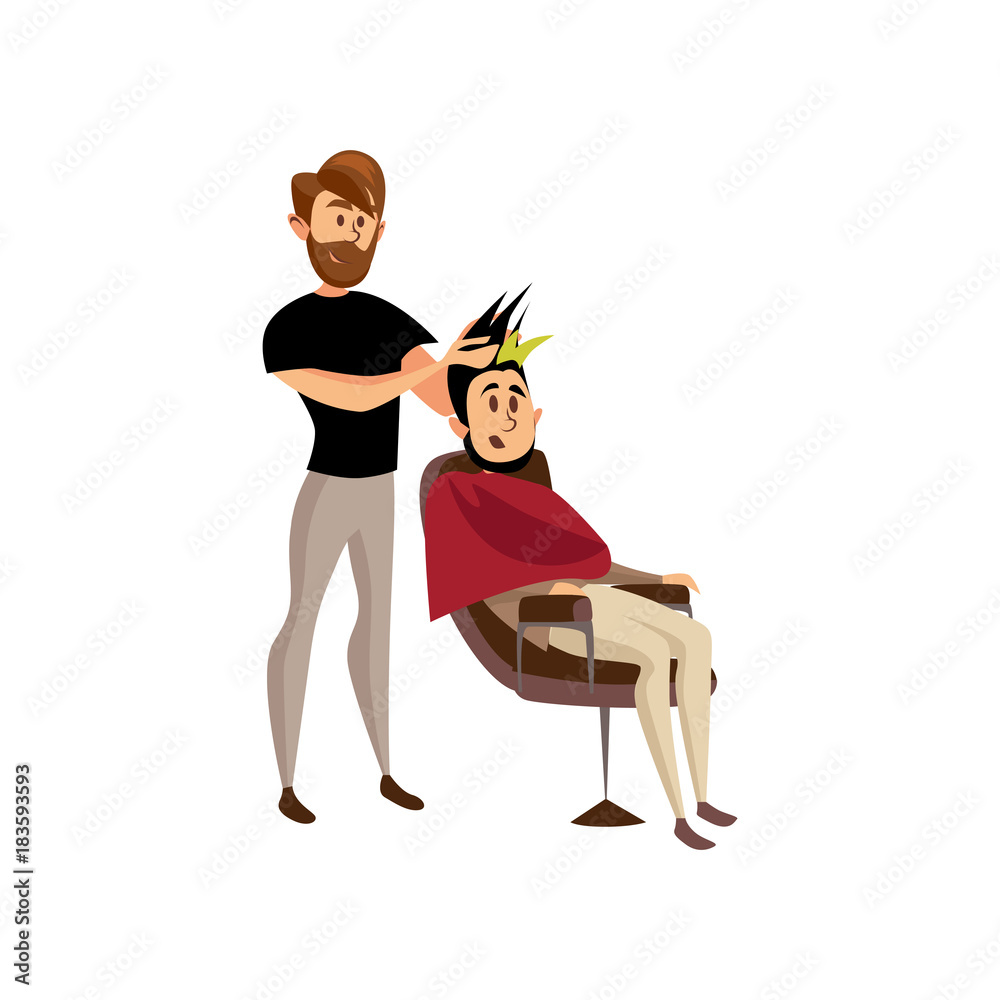 Male hairdresser serving client, professional hair stylist at workplace cartoon vector Illustration