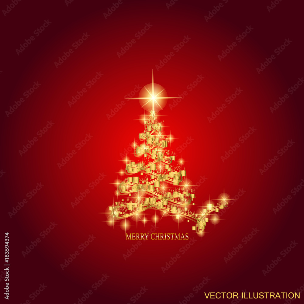 Abstract background with gold christmas tree and stars. Illustration in red and gold colors.Vector illustration. Abstract background with gold christmas tree and stars. Illustration in red and gold colors.Vector illustration.