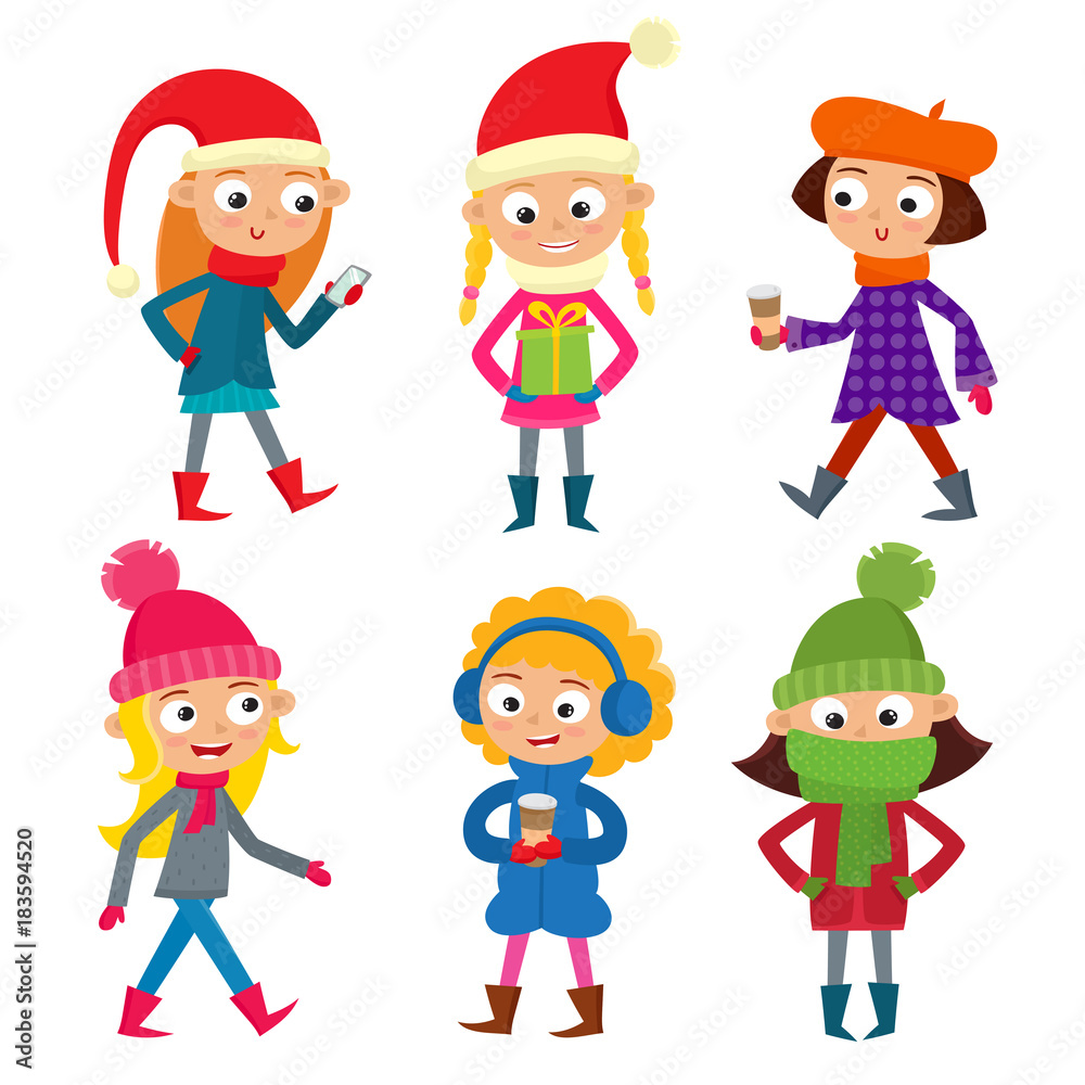 Set of teenage girls in winter clothes isolated on white. Set of teenage girls in winter clothes isolated on white.