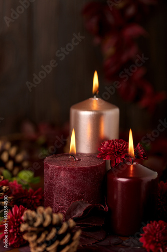 Three candles of crimson and pink color on a dark background with cones  leaves and daisies.