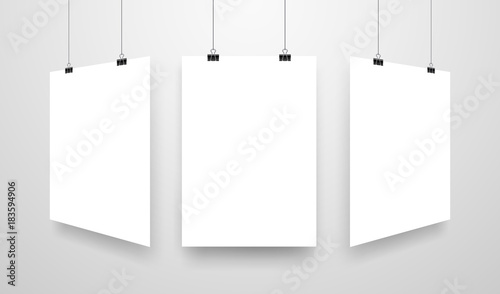 Mock-Up Realistic White Poster Hanging. Empty White Vector Poster Template.