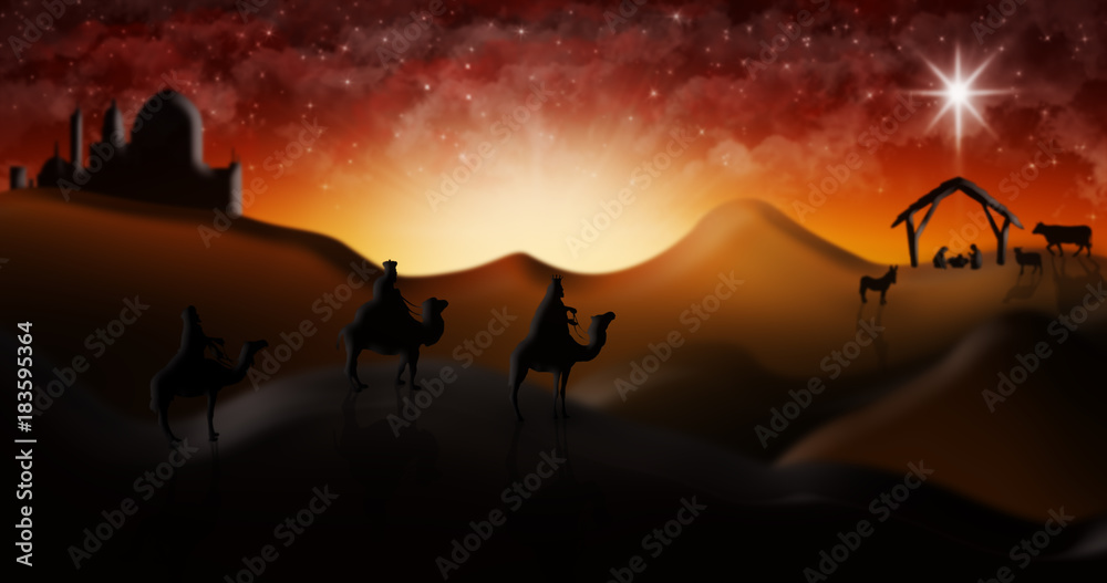 Christmas Nativity Scene Of Three Wise Men Magi Going To Meet Baby Jesus in the Manger with the City of Bethlehem in the distance Illustration Christmas Nativity Scene Of Three Wise Men Magi Going To Meet Baby Jesus in the Manger with the City of Bethlehem in the distance Illustration