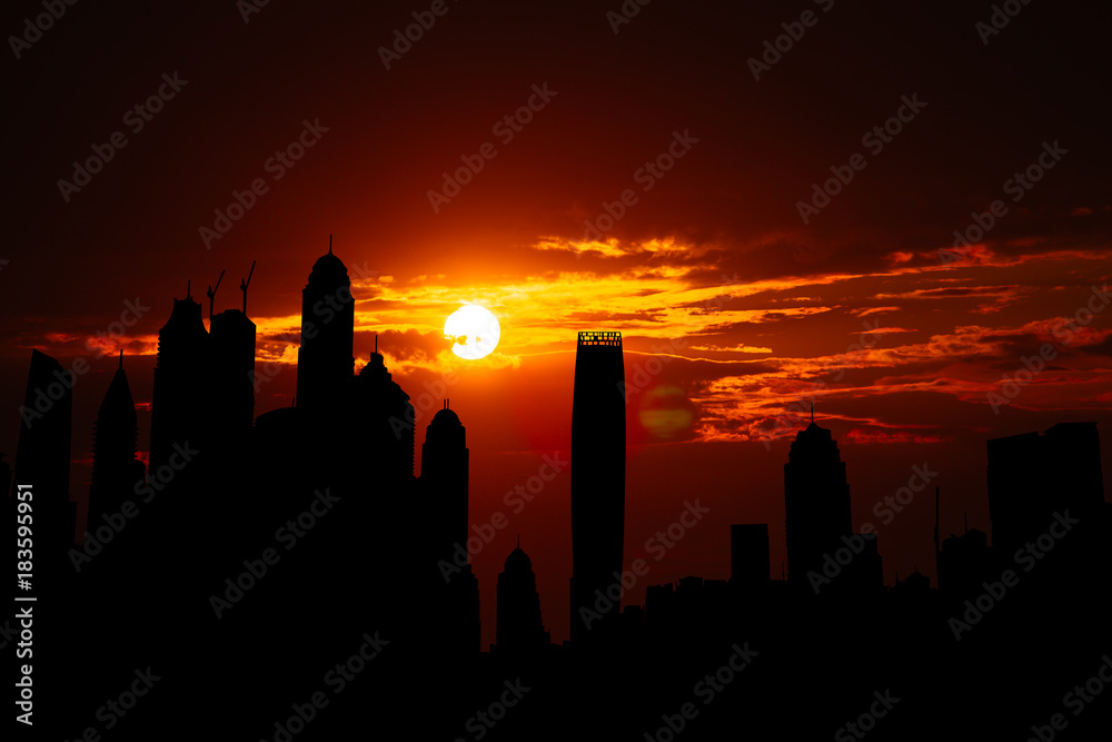 Dubai marina cityscape silhouette on sunset