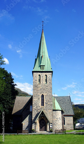 Facade of small church in Bergen, sunny day, Norway