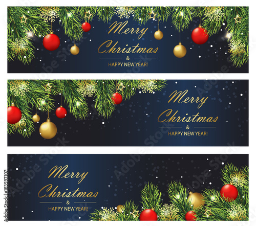 Christmas and New year banners with fir branches and balls. Vector illustration eps 10