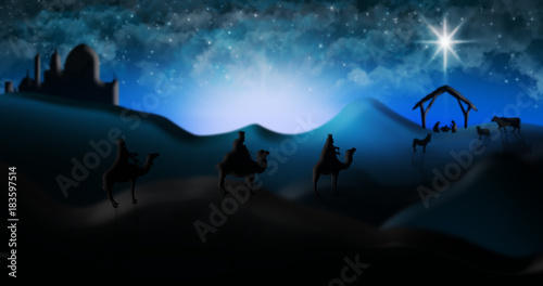 Christmas Nativity Scene Of Three Wise Men Magi Going To Meet Baby Jesus in the Manger with the City of Bethlehem in the distance Illustration © ArtmediaworX