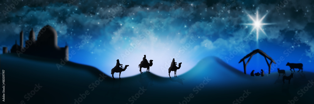 Christmas Nativity Scene Of Three Wise Men Magi Going To Meet Baby Jesus in the Manger with the City of Bethlehem in the distance Illustration Christmas Nativity Scene Of Three Wise Men Magi Going To Meet Baby Jesus in the Manger with the City of Bethlehem in the distance Illustration