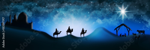 Fototapeta Christmas Nativity Scene Of Three Wise Men Magi Going To Meet Baby Jesus in the