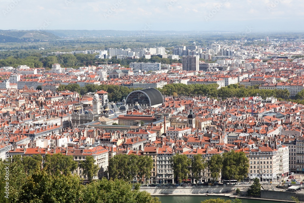 View of the city of Lyon from the hill of Notre Dame de Fourviere, France 