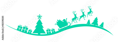 Panoramic Christmas decoration with Santa Claus, reindeers, trees and presents. Vector.