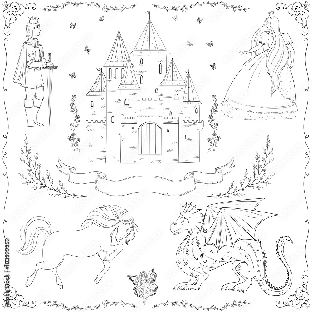 Fairy tale theme. Prince, princess, castle, dragon, fairy, horse. Collection of decorative design elements. Isolated objects. Vintage vector illustration