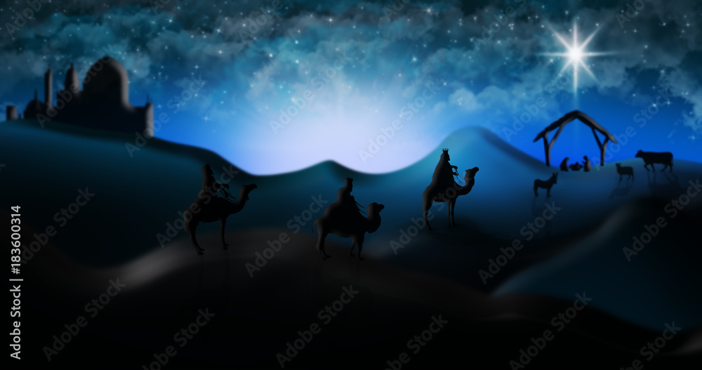 Fototapeta premium Christmas Nativity Scene Of Three Wise Men Magi Going To Meet Baby Jesus in the Manger with the City of Bethlehem in the distance Illustration