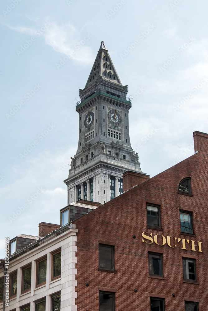 View of the historic Custom House skyscraper clock tower in skyline of Boston Massachusetts USA