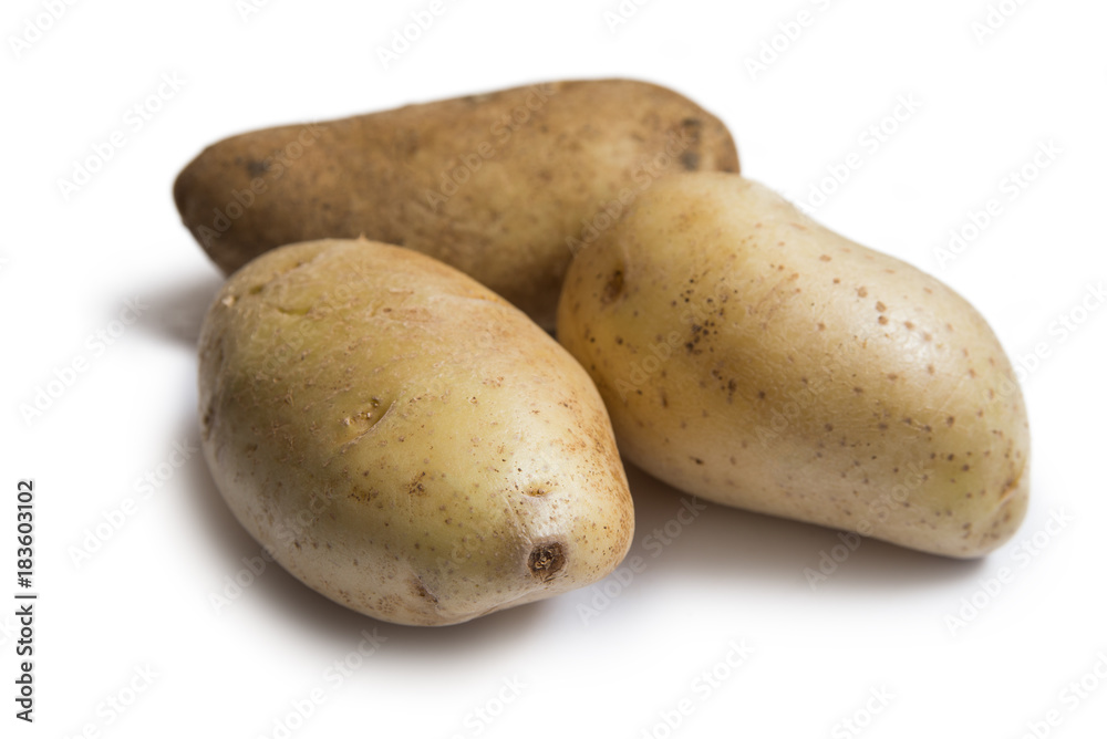 Patate a buccia gialla isolate su fondo bianco Patate a buccia gialla isolate su fondo bianco